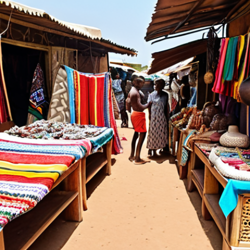 Home 22 **Image of a bustling Senegalese marketplace:** Vendors selling vibrant, handcrafted goods to tourists, showcasing the tourism industry's income opportunities. Include details like colorful fabrics, wooden carvings, and friendly interactions. This represents income opportunities in tourism.