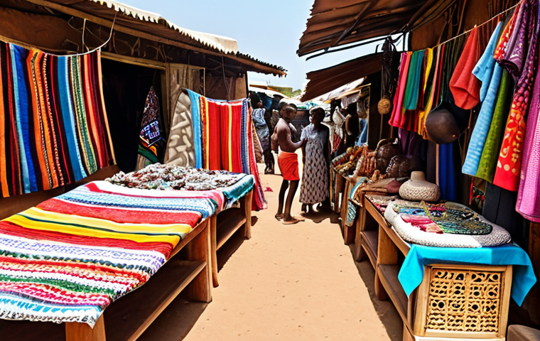 **Image of a bustling Senegalese marketplace:** Vendors selling vibrant, handcrafted goods to tourists, showcasing the tourism industry's income opportunities. Include details like colorful fabrics, wooden carvings, and friendly interactions. This represents income opportunities in tourism.