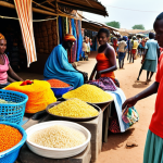 **

"A vibrant Senegalese marketplace bursting with colorful fabrics, handcrafted goods, and fresh produce. Capture the energy of locals bargaining and vendors displaying their wares, focusing on the rich colors and textures of the scene. Include a vendor selling "Thieboudienne" (fish and rice)."

**