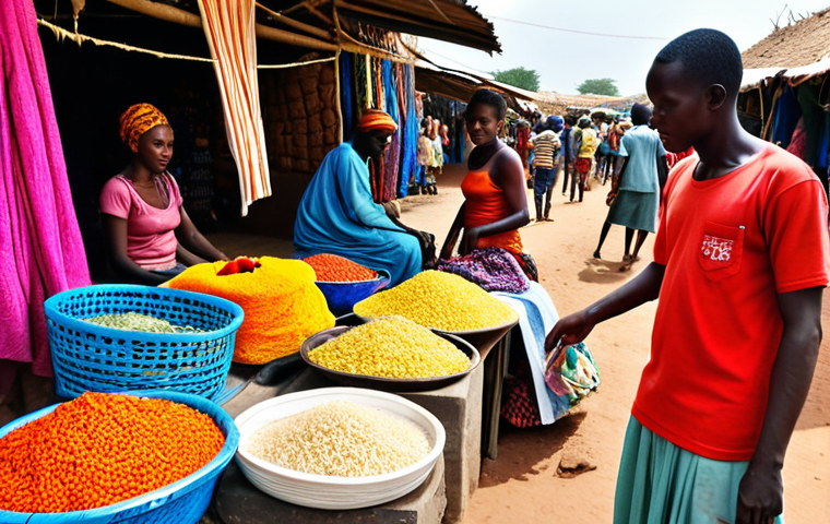 **
"A vibrant Senegalese marketplace bursting with colorful fabrics, handcrafted goods, and fresh produce. Capture the energy of locals bargaining and vendors displaying their wares, focusing on the rich colors and textures of the scene. Include a vendor selling "Thieboudienne" (fish and rice)."
**