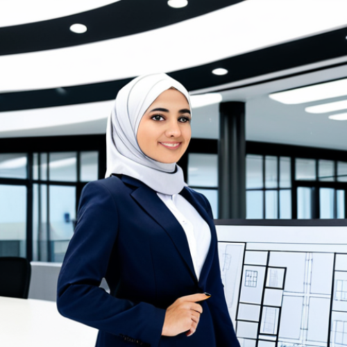 Home 20 **
A professional female architect, fully clothed in a modest business suit and hijab, standing in front of a modern building design blueprint. The background features a bright, contemporary architectural office with colleagues working. Perfect anatomy, correct proportions, natural pose, well-formed hands, proper finger count, natural body proportions. Safe for work, appropriate content, professional, family-friendly.
**