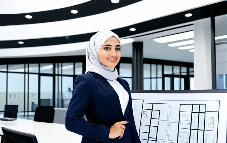 **
A professional female architect, fully clothed in a modest business suit and hijab, standing in front of a modern building design blueprint. The background features a bright, contemporary architectural office with colleagues working. Perfect anatomy, correct proportions, natural pose, well-formed hands, proper finger count, natural body proportions. Safe for work, appropriate content, professional, family-friendly.
**