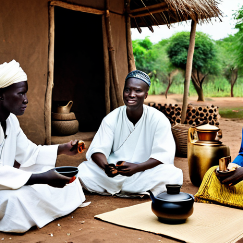 Home 11 Ataya Tea Ceremony**
"A group of fully clothed Senegalese people gathered outdoors, drinking Ataya tea in a traditional setting. Focus on the tea preparation with the distinct foam. Modest clothing, appropriate attire, safe for work, family-friendly, perfect anatomy, natural proportions, high quality, professional photography, bright daylight."
**