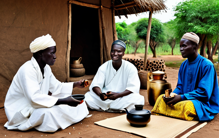 Ataya Tea Ceremony**
"A group of fully clothed Senegalese people gathered outdoors, drinking Ataya tea in a traditional setting. Focus on the tea preparation with the distinct foam. Modest clothing, appropriate attire, safe for work, family-friendly, perfect anatomy, natural proportions, high quality, professional photography, bright daylight."
**