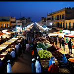 세네갈에서 피해야 할 장소 - **Dokar cityscape at dusk**: A bustling marketplace in Dakar, Senegal at twilight. Vendors in colorf...