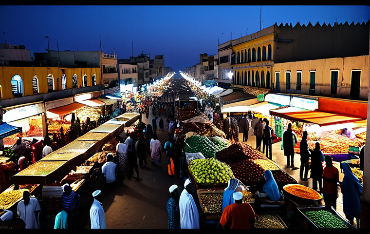 세네갈에서 피해야 할 장소 - **Dokar cityscape at dusk**: A bustling marketplace in Dakar, Senegal at twilight. Vendors in colorf...